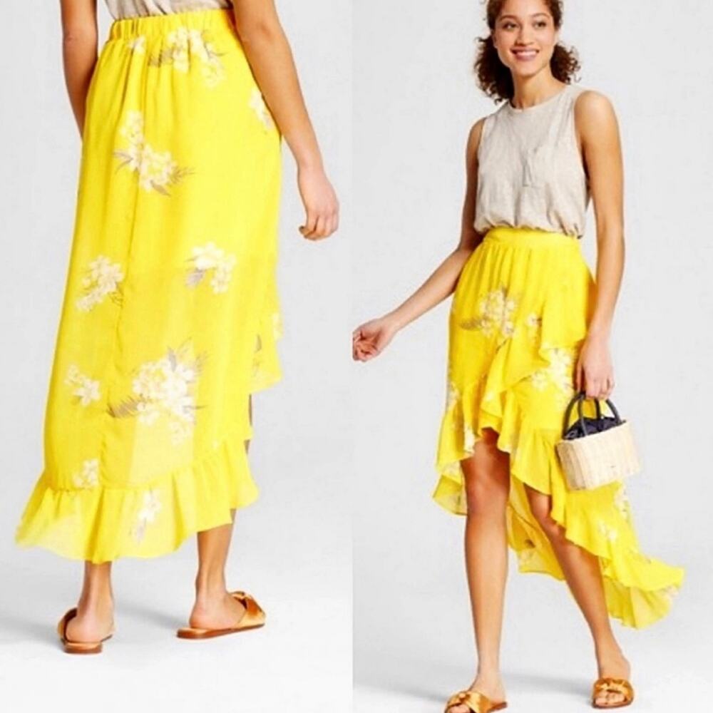 A NEW‎ DAY Yellow Floral Asymmetrical High Low Ruffle Wrap Skirt Lined Women's S